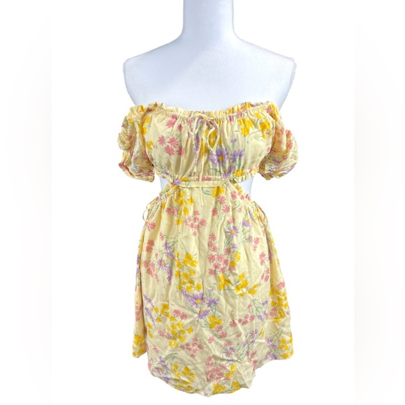 Sabo Skirt Lashara Yellow Crepe Milkmaid Floral Mini Dress coquette romantic - Picture 6 of 12